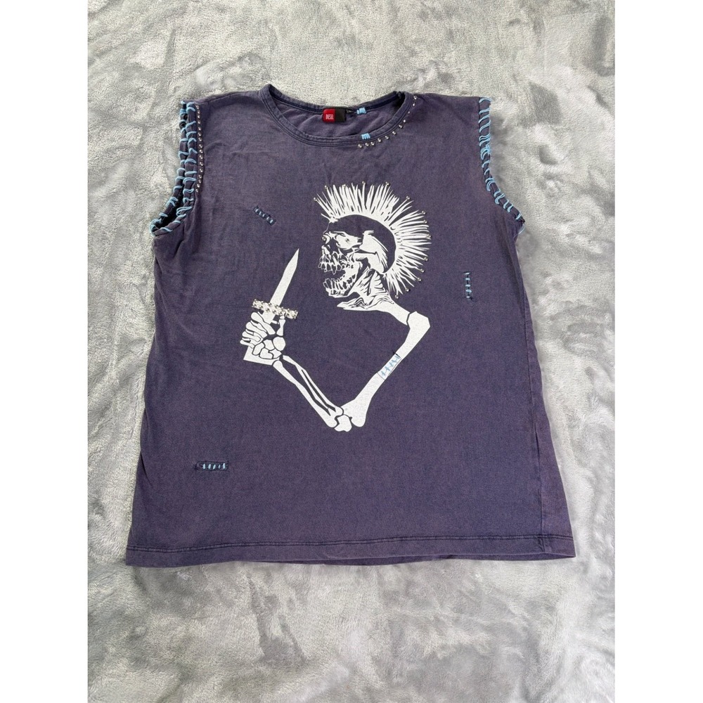 Diesel Biker T-Shirt 2000s womens L Purple Crew Neck Sleeveless Mohawk
